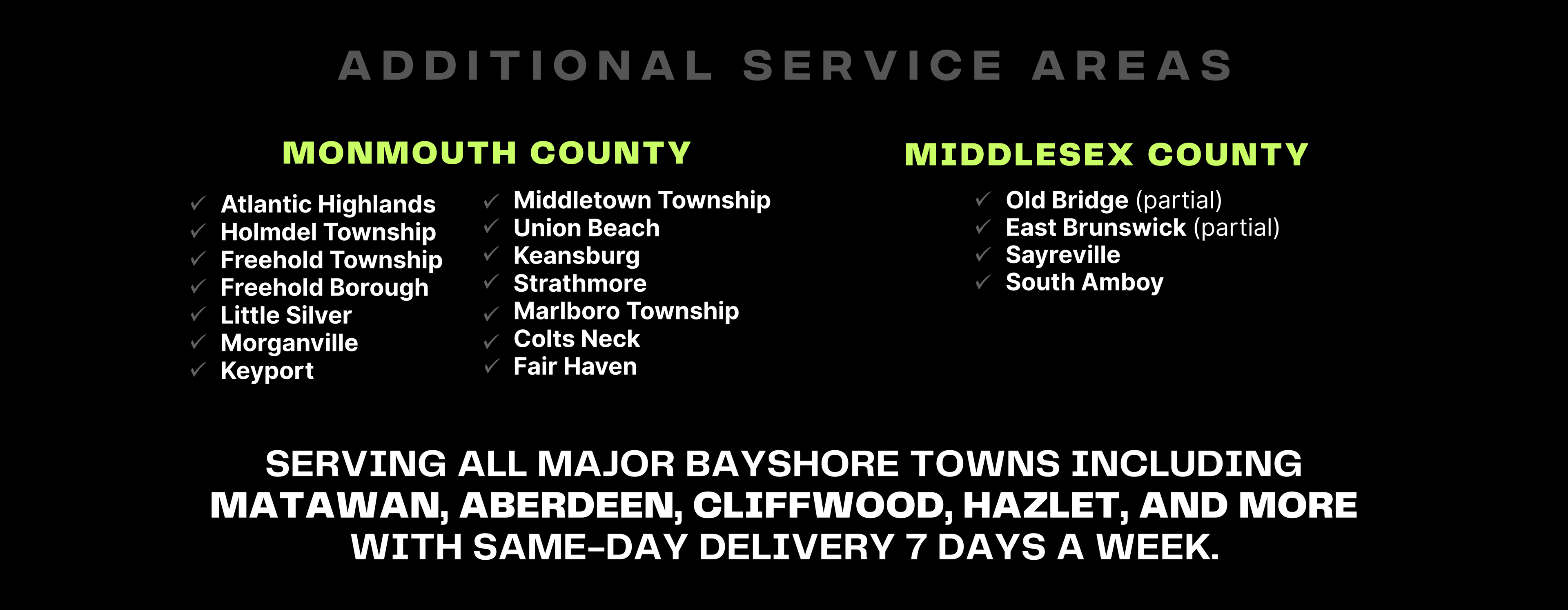 Additional service areas across Monmouth and Middlesex County, NJ